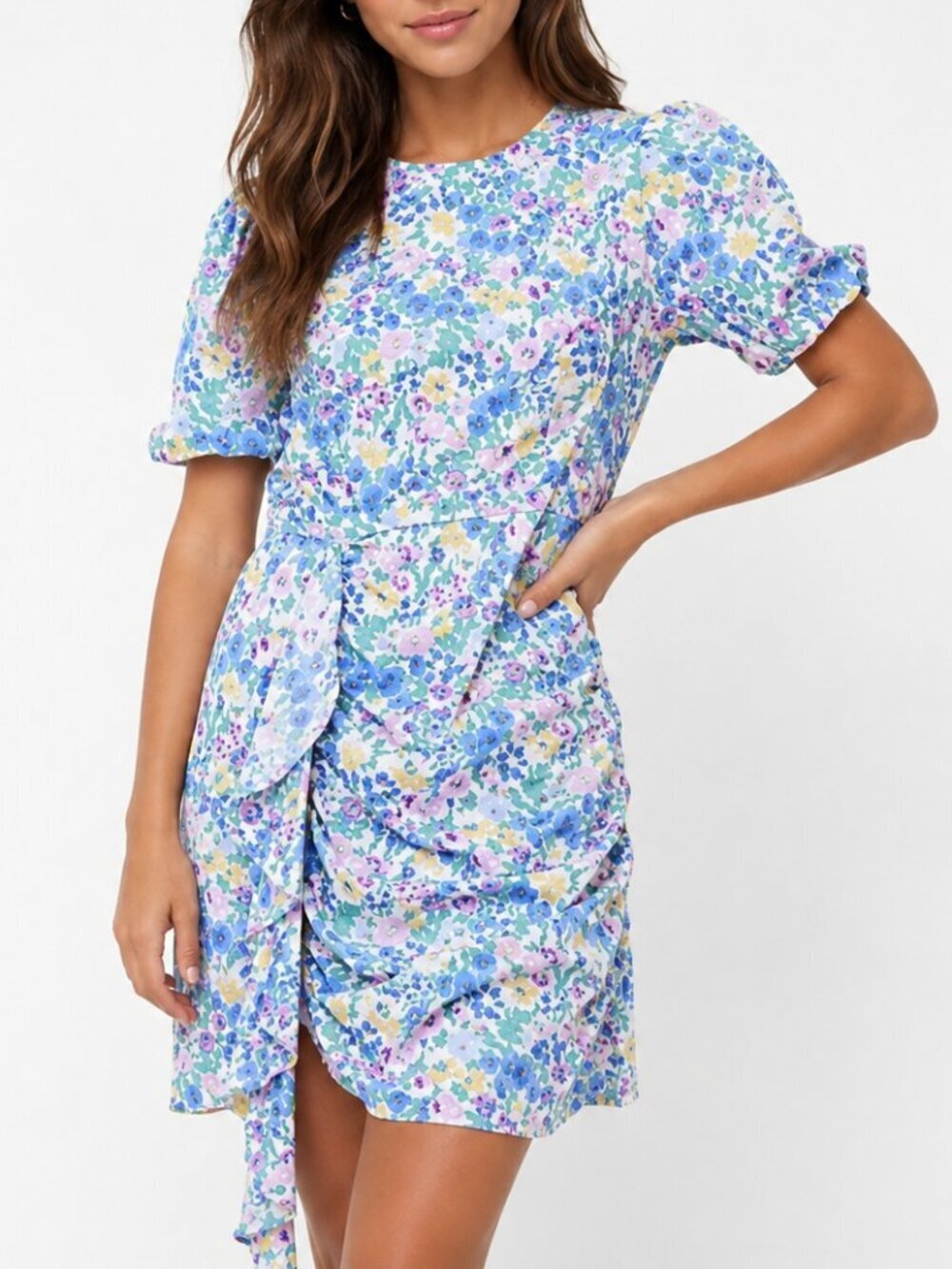 En Saison Ruched Floral Puff Sleeve Mini Day Dress Sz Small